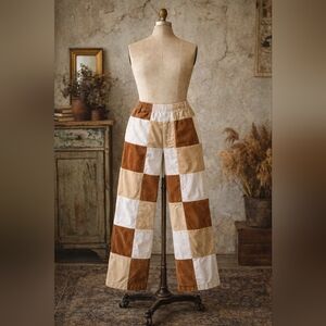 Urban Outfitters Patchwork Corduroy Pants | Neutral Checker | Elastic Waist